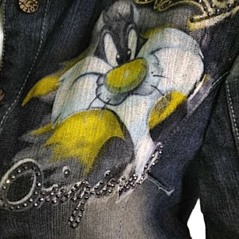 Vintage 90's Y2K Airbrush LOT 29 Loony Tunes Denim Jacket Sz S Sylvester Daffy - Picture 8 of 9